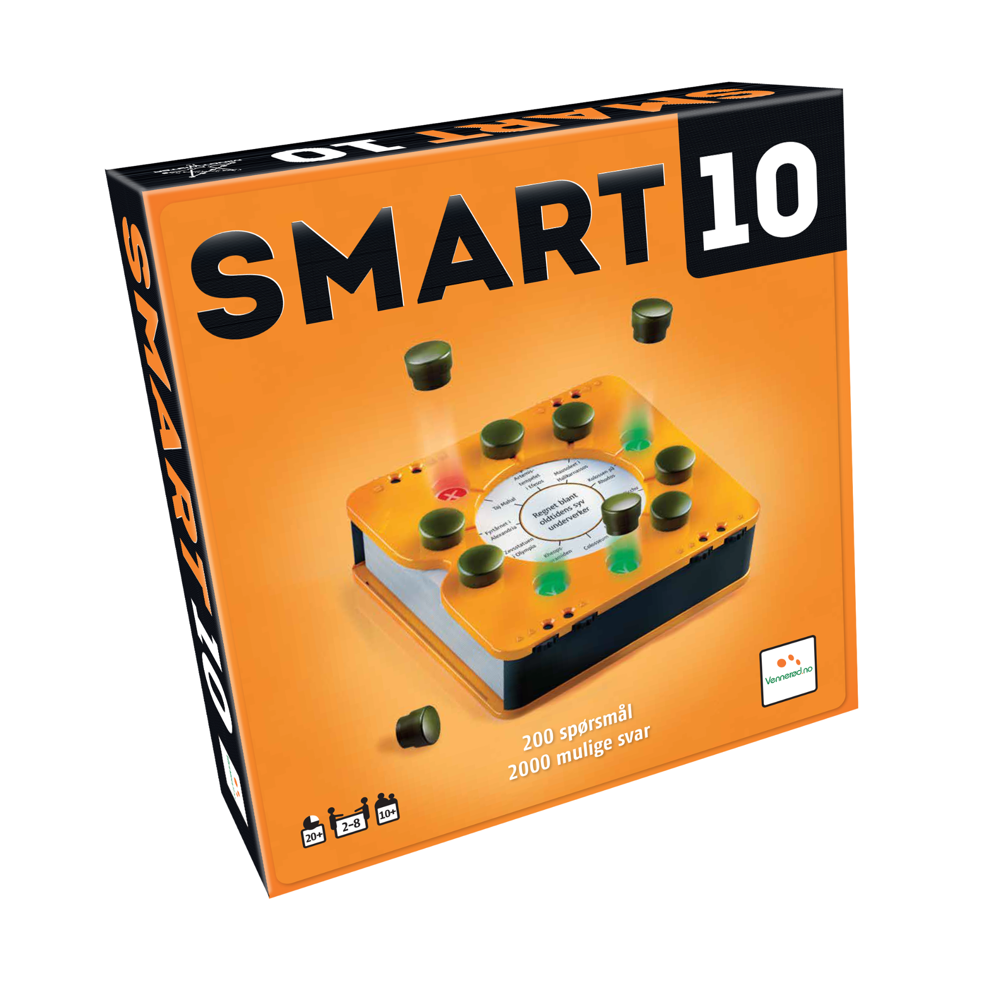 Smart 10 quizspill eske med bilde av oransje spillenhet med svarte knapper